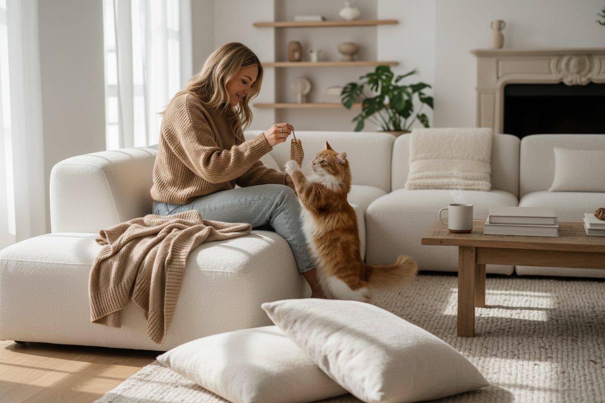 Cat owner playing with cat